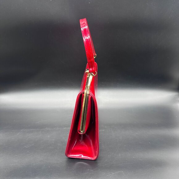 Vintage Cherry Red Patent Leather Handbag Purse Mid Century Gold 60s Top Handle - Picture 5 of 14